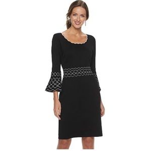 Nina Leonard Black/ White Stich Jacquard Bell- Sleeve Sweater Dress size Medium